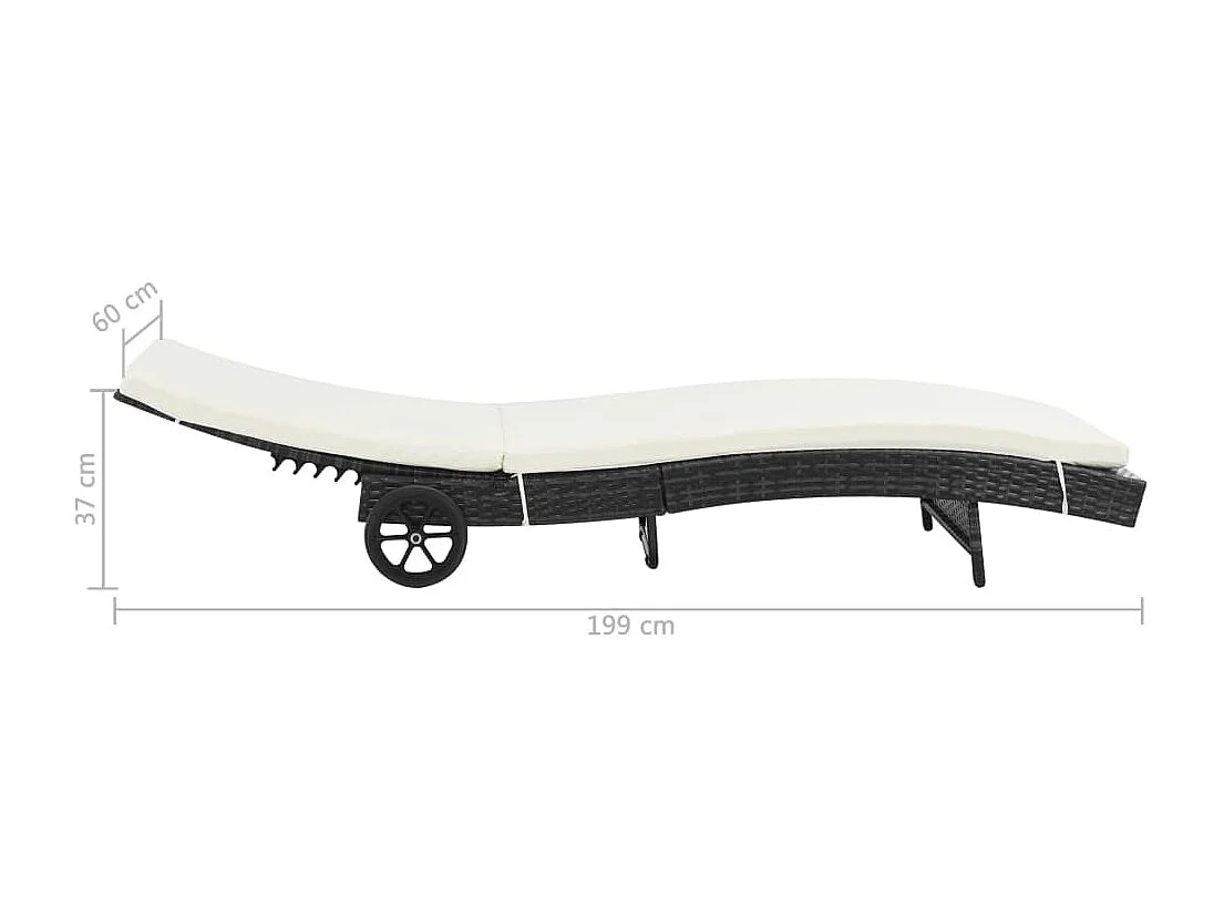 Chaise longue avec roues et coussin Résine tressée Noir