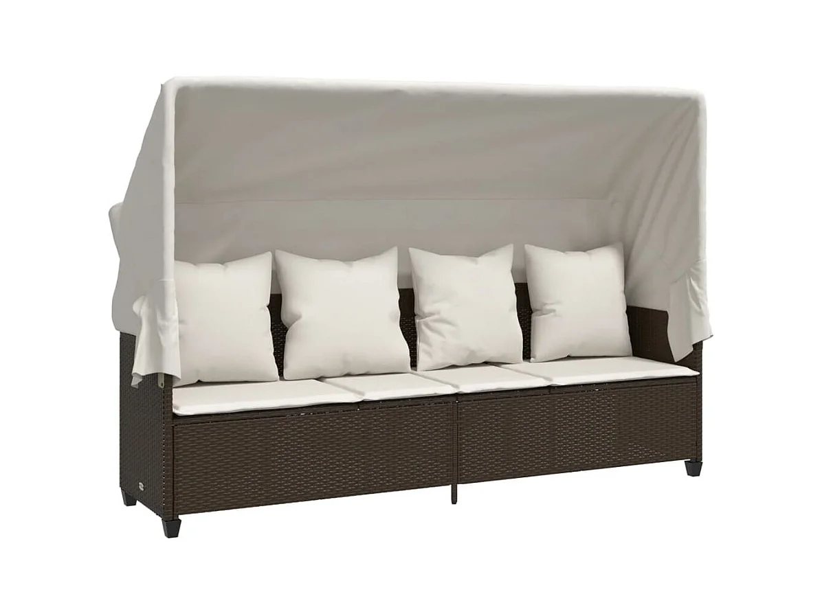 Chaise longue avec auvent et coussins marron résine tressée