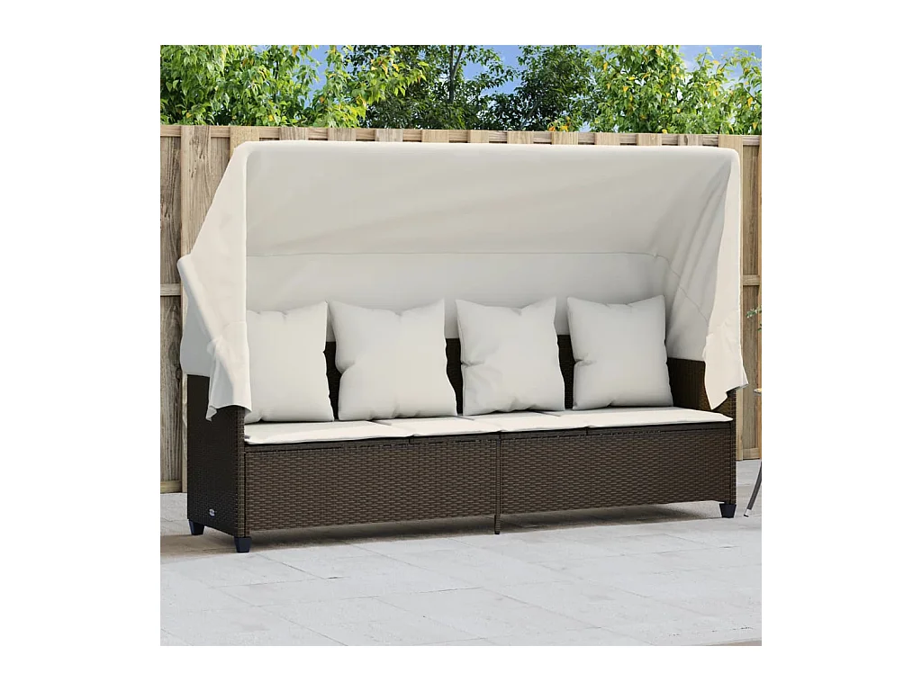Chaise longue avec auvent et coussins marron résine tressée