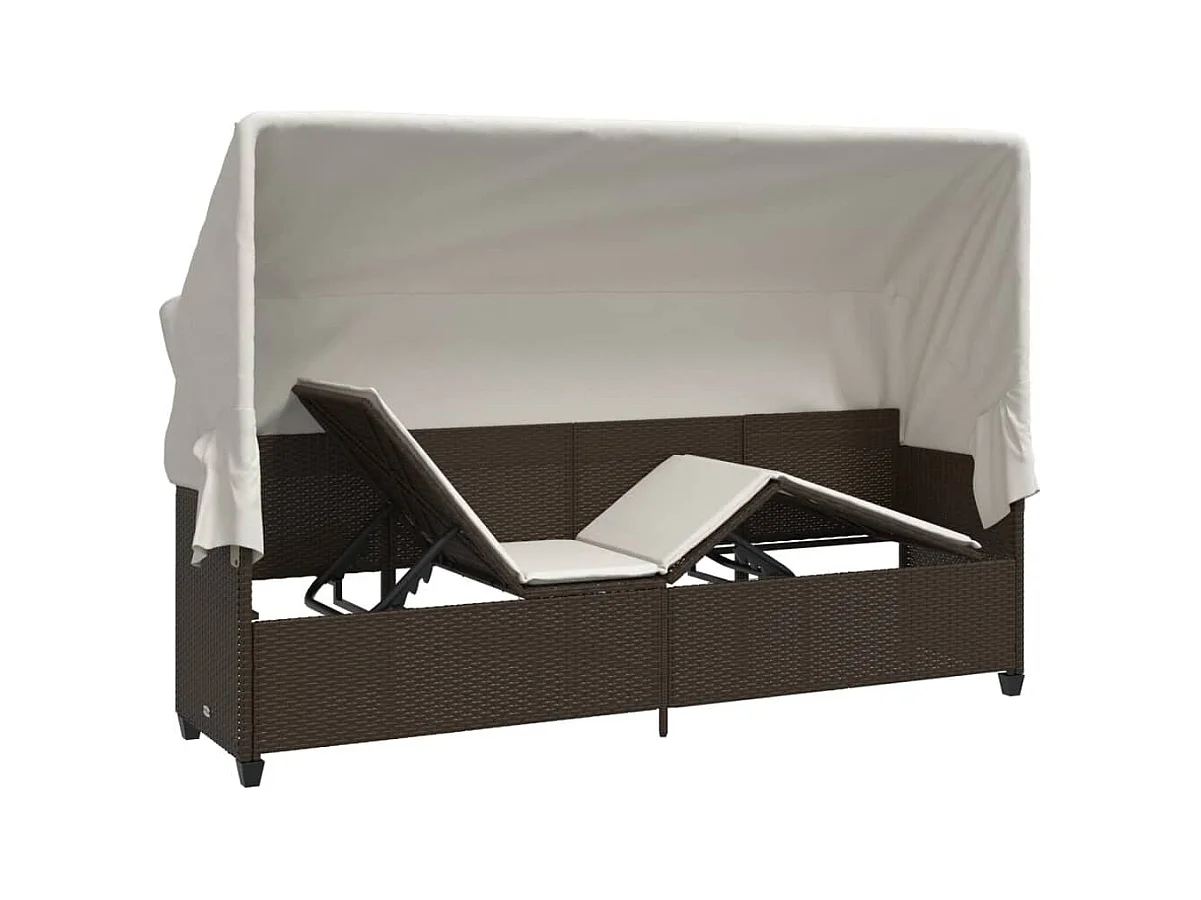 Chaise longue avec auvent et coussins marron résine tressée
