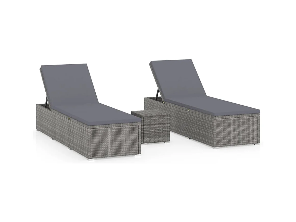 Chaises longues de jardin table à thé 3 pcs Résine tressée Gris