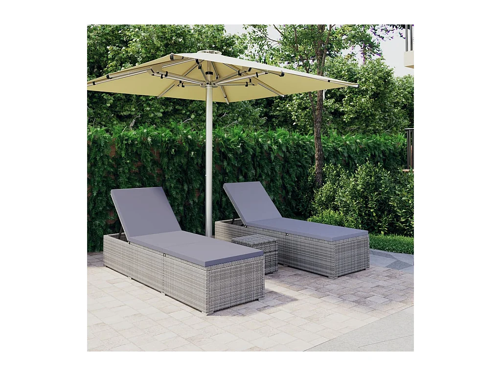 Chaises longues de jardin table à thé 3 pcs Résine tressée Gris