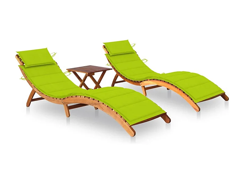 Chaises longues 2 pcs avec table et coussins Acacia solide 23