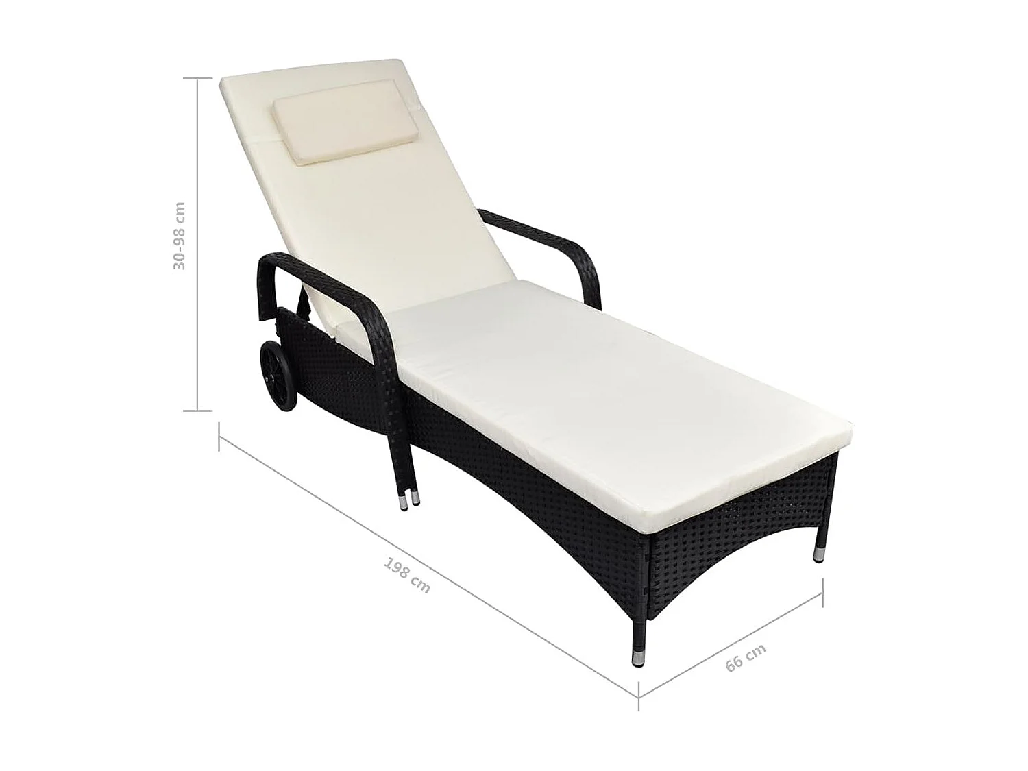 Chaise longue avec coussin et roues Résine tressée Noir