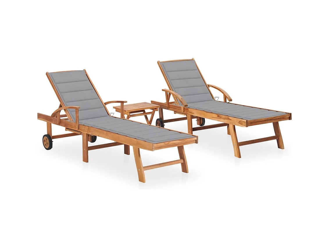 Chaises longues 2 pcs avec table et coussin Bois de teck solide 7