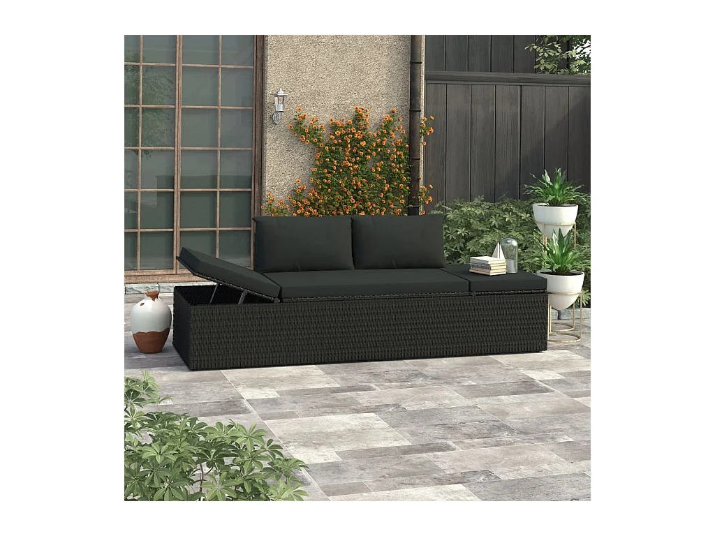 Chaise longue avec coussins Résine tressée Noir