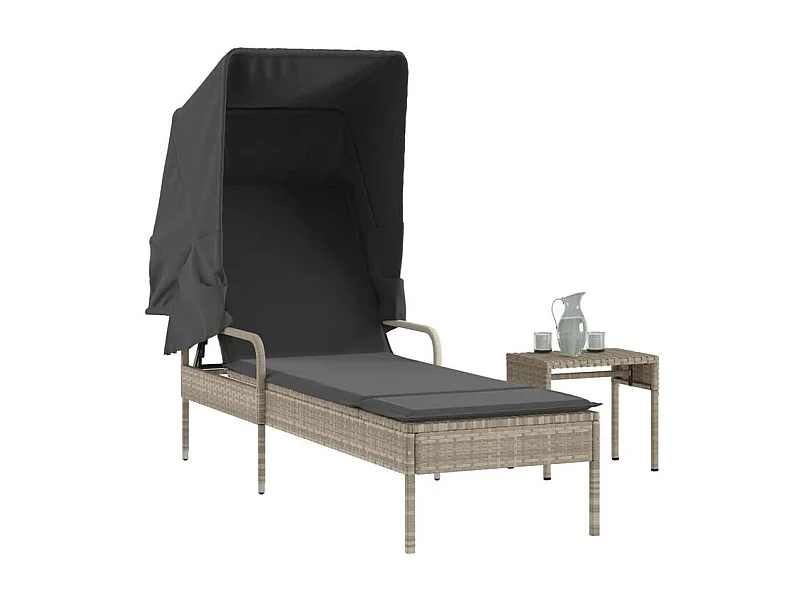 Chaise longue avec auvent et table gris clair résine tressée