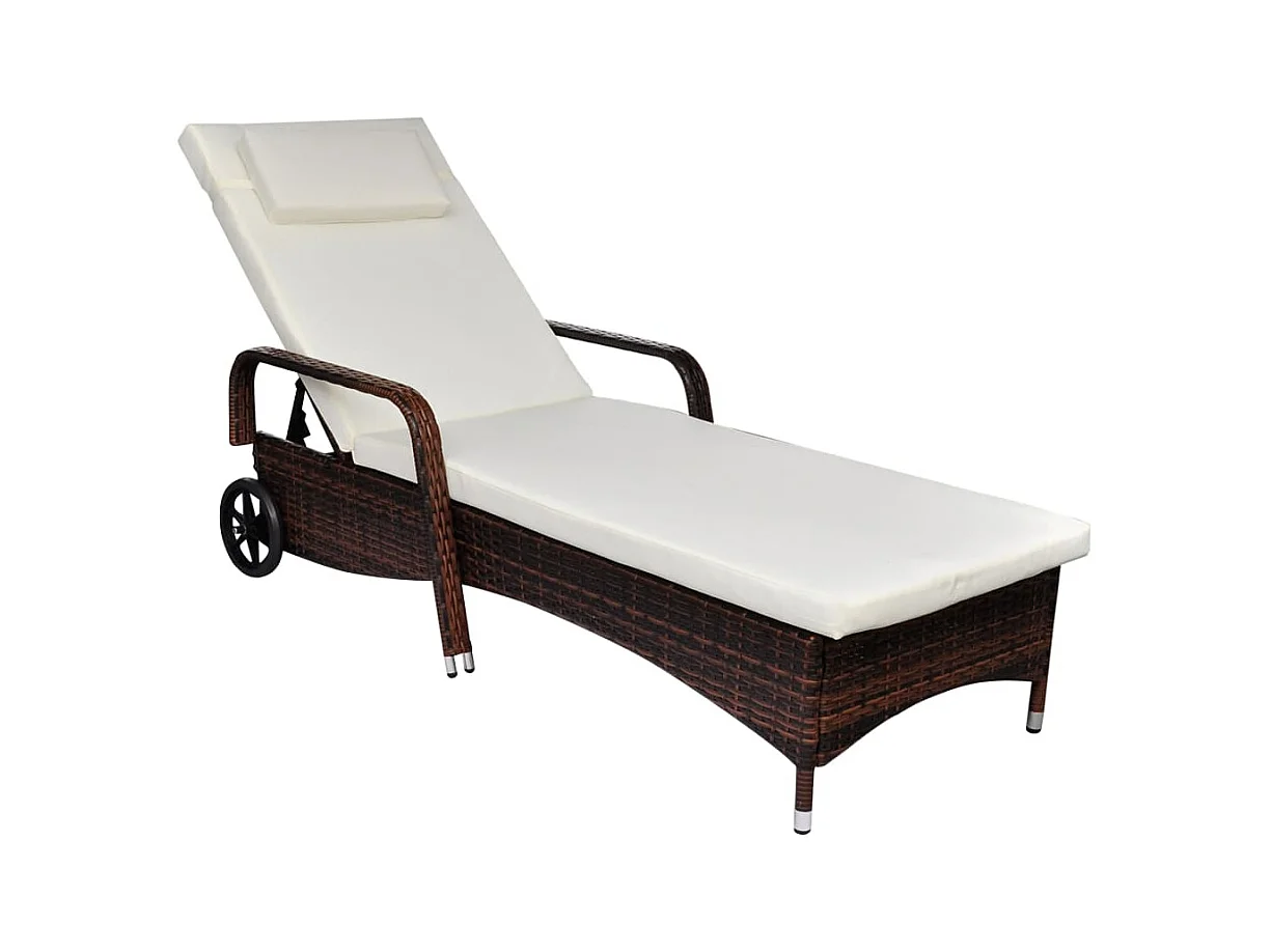 Chaise longue avec coussin et roues Résine tressée Marron