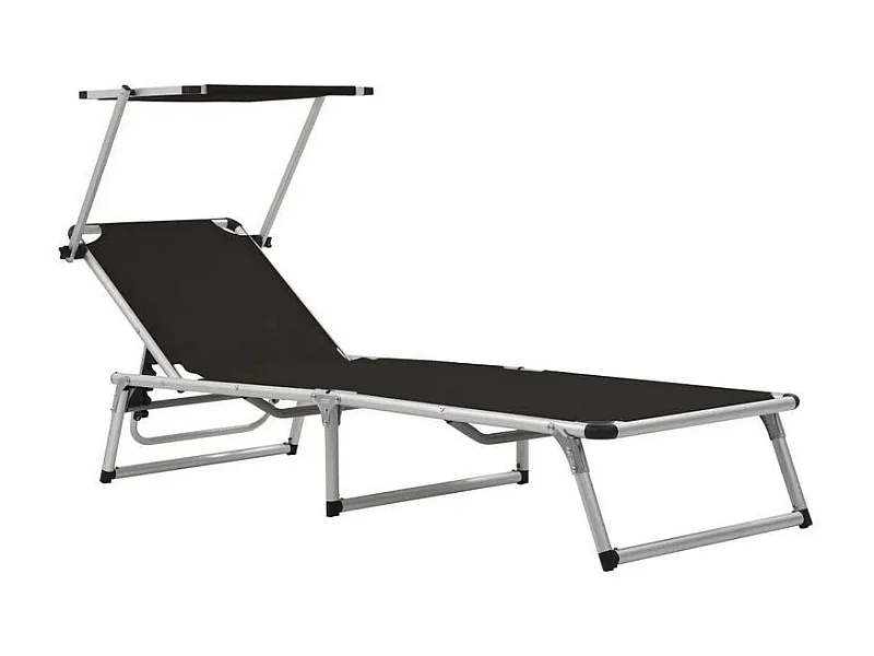 Chaise longue pliable avec auvent textilène noir et métal Pegun