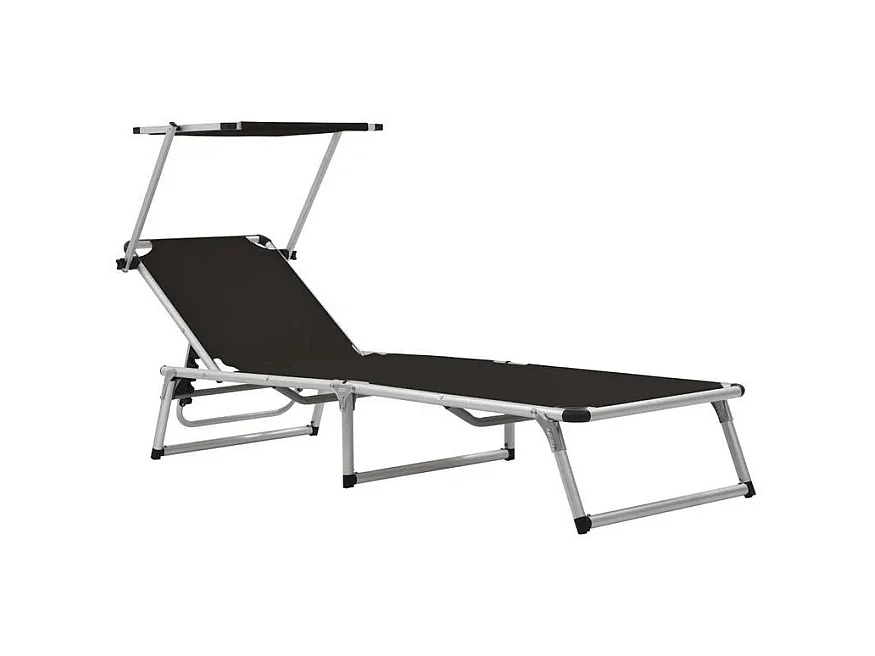 Chaise longue pliable avec auvent textilène noir et métal Pegun