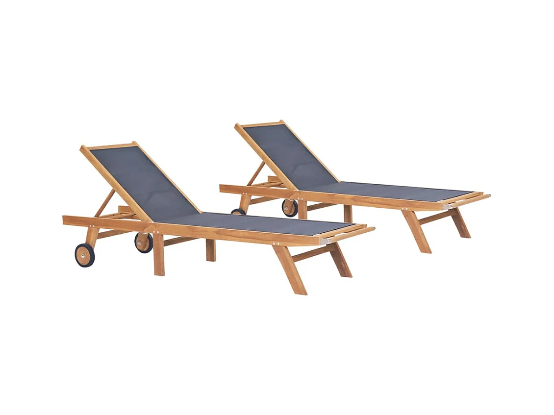 Chaises longues pliables avec roulettes 2 pcs Teck et textilène