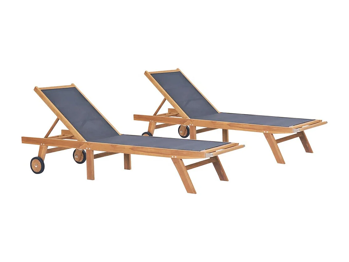 Chaises longues pliables avec roulettes 2 pcs Teck et textilène