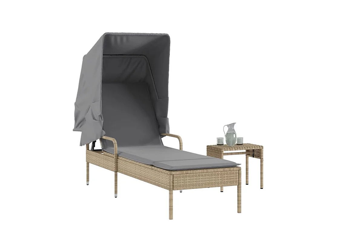 Chaise longue avec auvent et table beige résine tressée