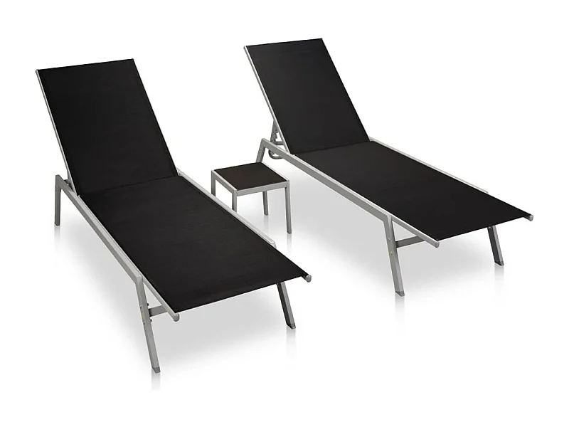 Chaises longues 2 pcs avec table Acier et textilène Noir 2