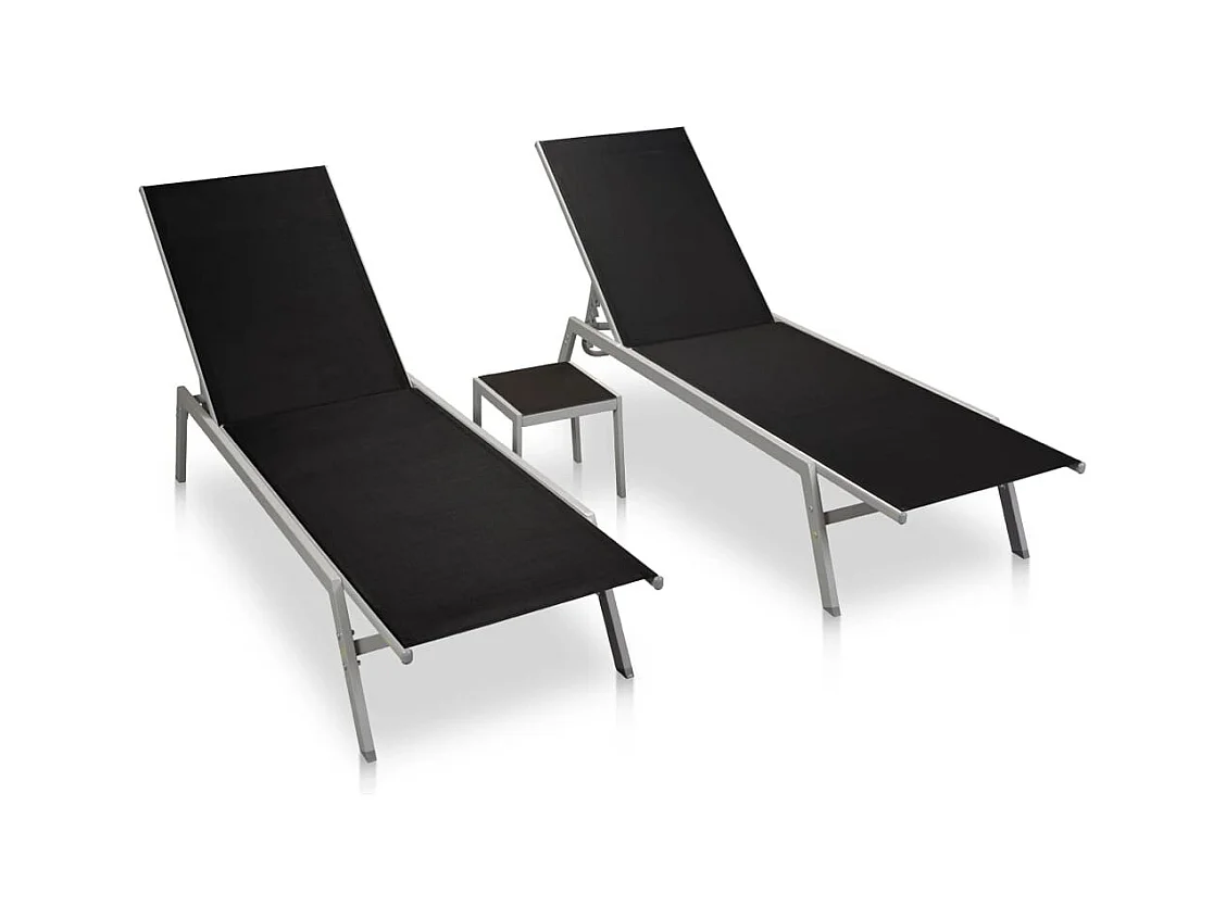 Chaises longues 2 pcs avec table Acier et textilène Noir 2