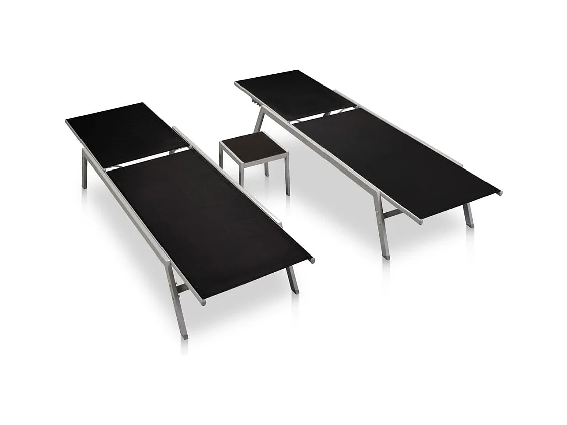 Chaises longues 2 pcs avec table Acier et textilène Noir 2