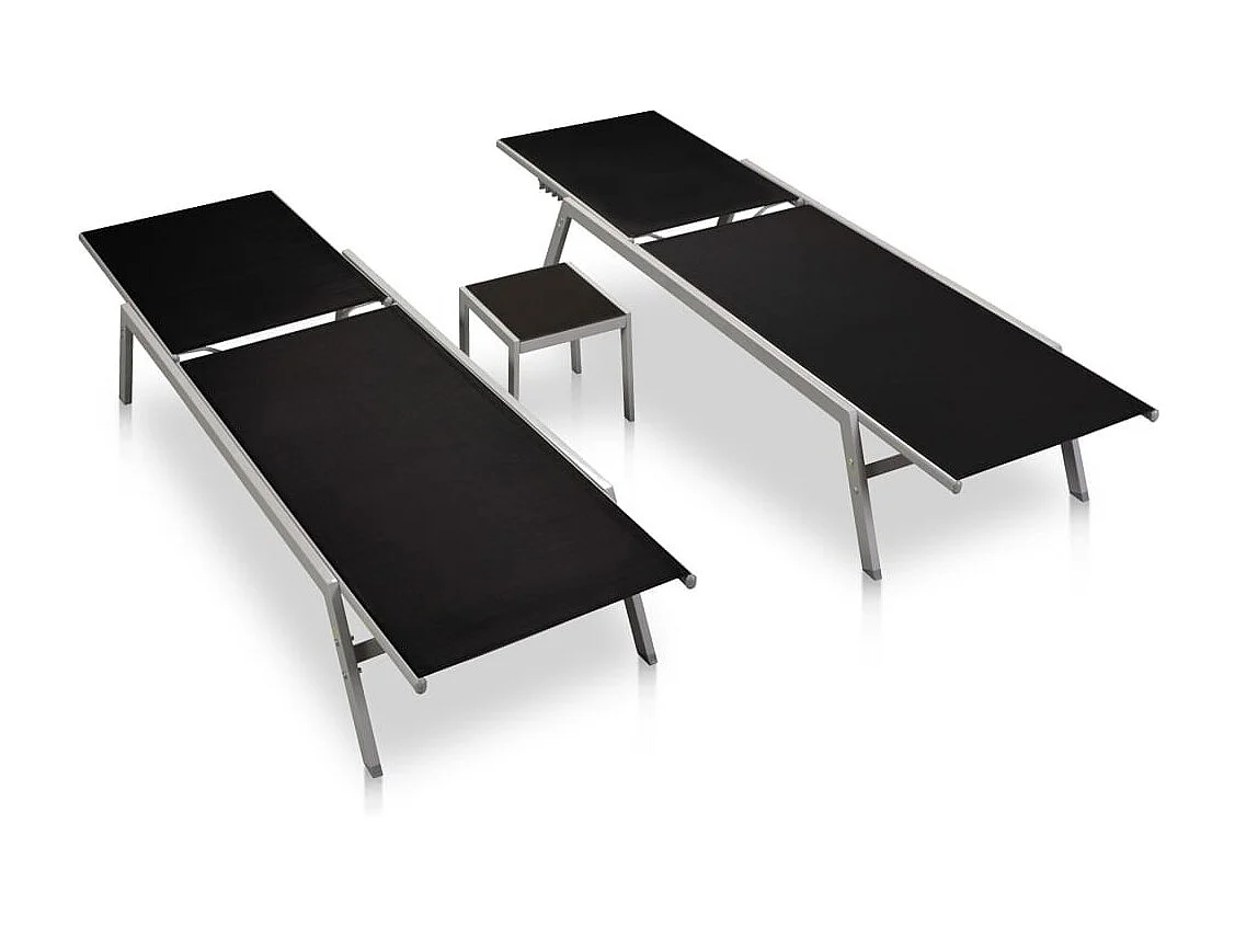 Chaises longues 2 pcs avec table Acier et textilène Noir 2