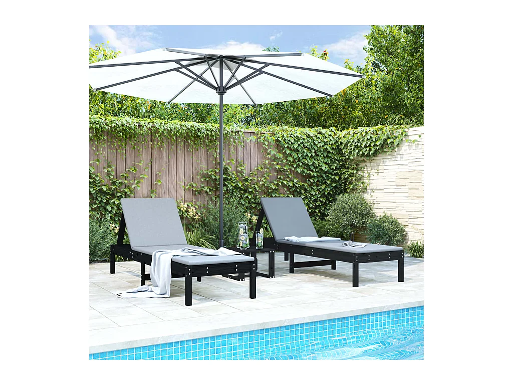 Chaises longues 2 pcs noir 199,5x60x74 bois massif de pin