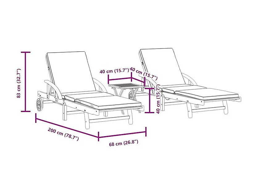 Chaises longues lot de 2 avec table bois massif d'acacia