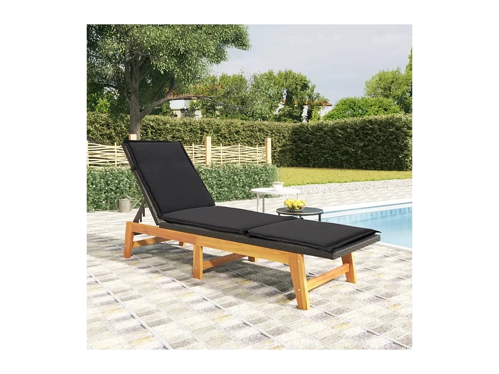 Chaise longue avec coussin Résine tressée-bois massif d'acacia