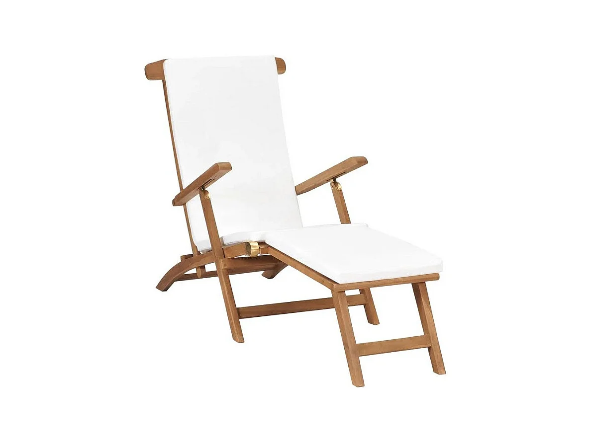 Chaise longue pliable tissu blanc et teck massif clair Isser