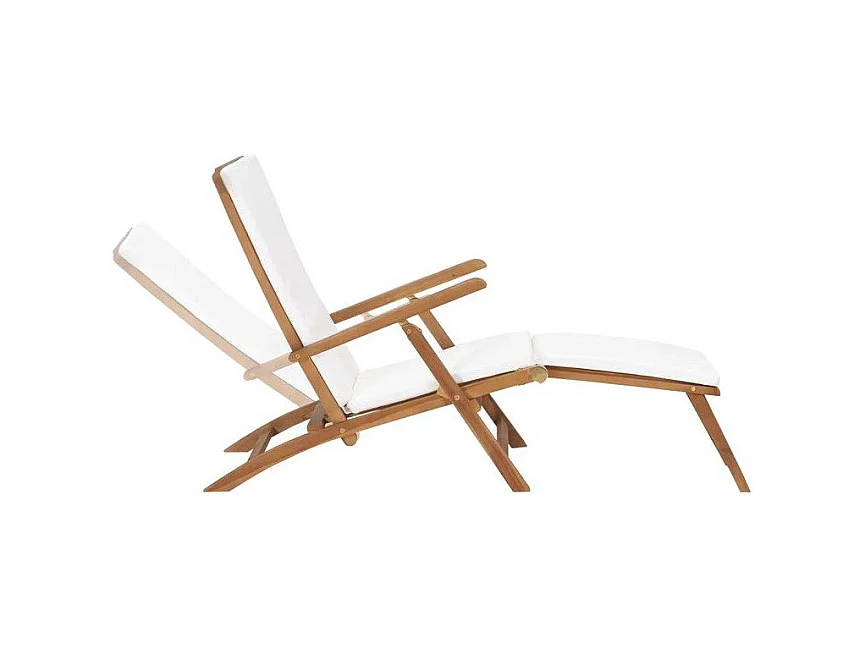 Chaise longue pliable tissu blanc et teck massif clair Isser