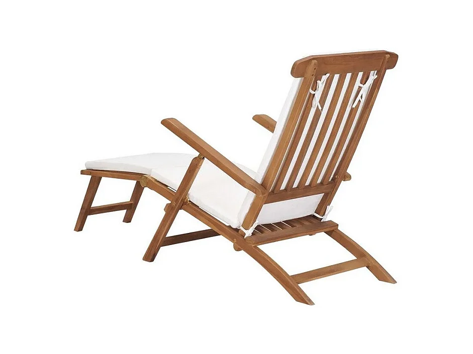 Chaise longue pliable tissu blanc et teck massif clair Isser