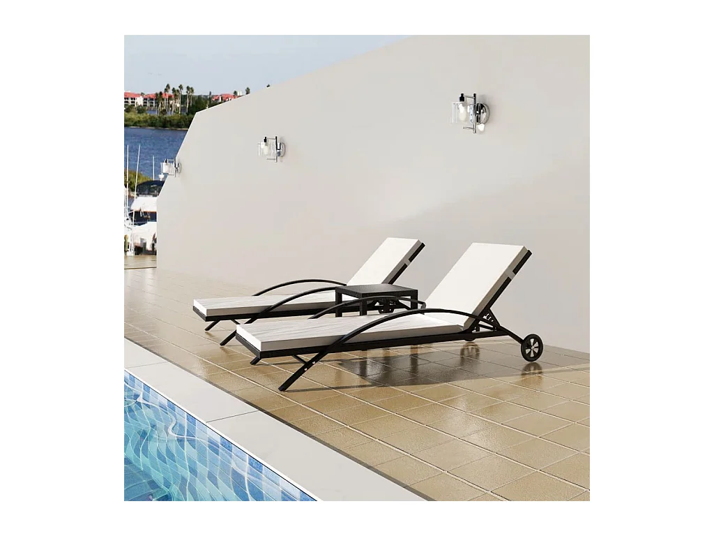 Chaises longues avec table Résine tressée Noir