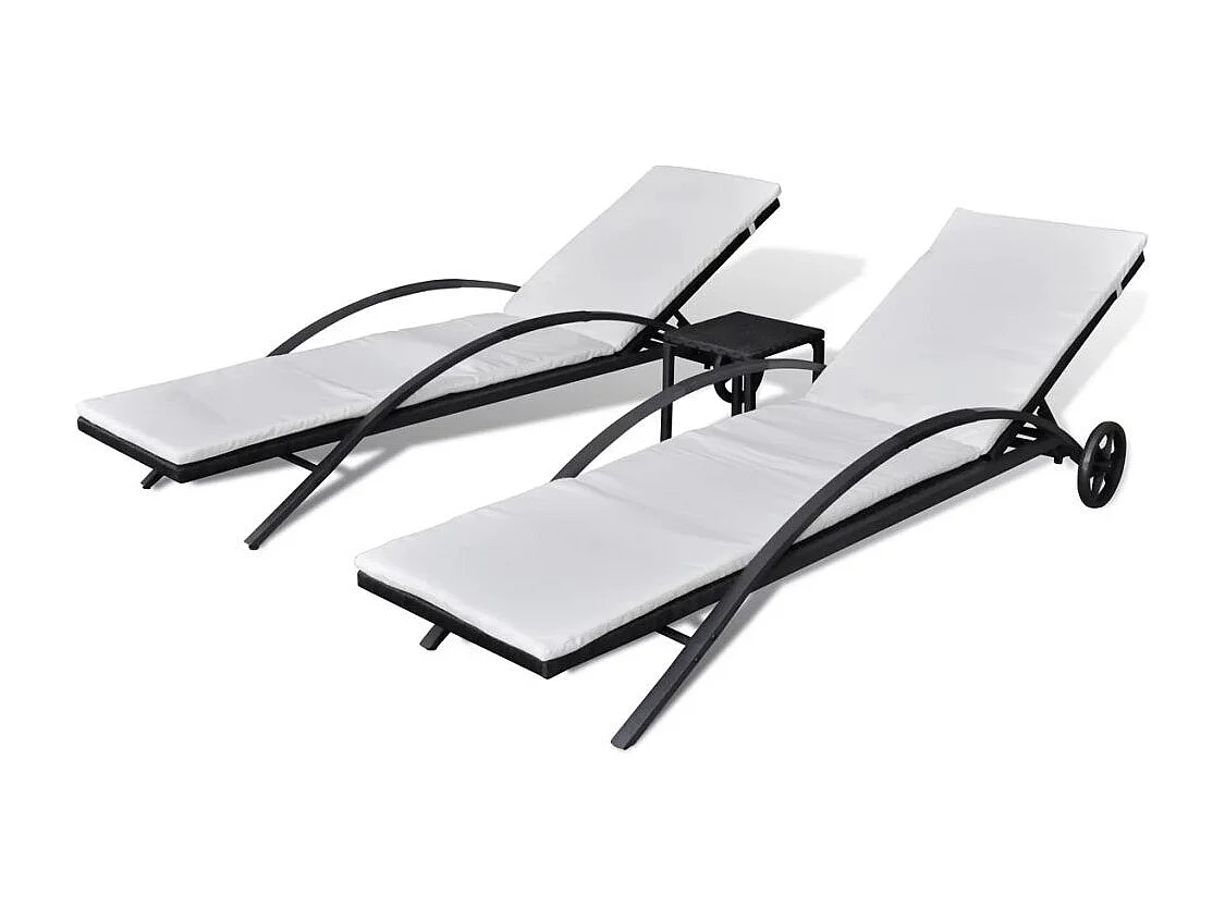 Chaises longues avec table Résine tressée Noir