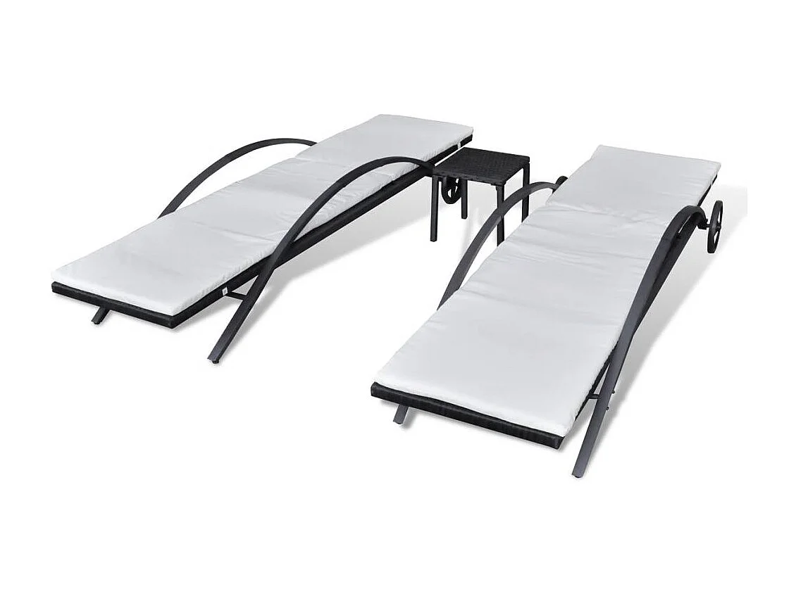 Chaises longues avec table Résine tressée Noir