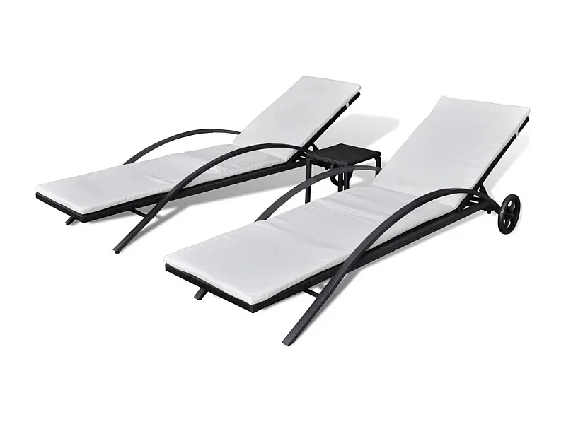 Chaises longues avec table Résine tressée Noir