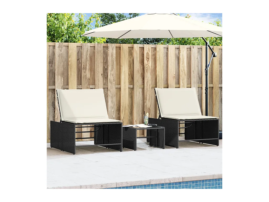 Chaises longues lot de 2 avec table noir résine tressée