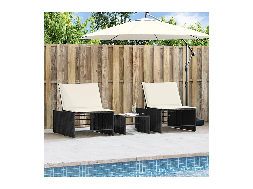 Chaises longues lot de 2 avec table noir résine tressée