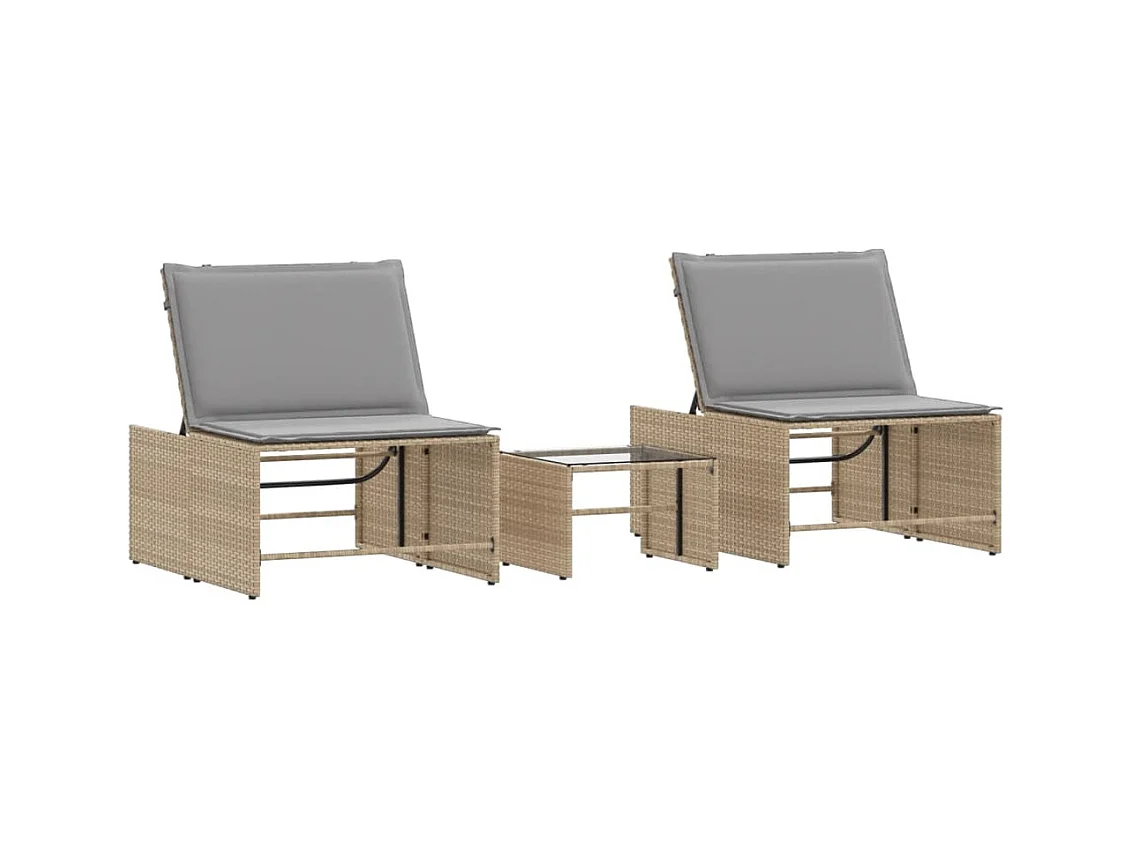 Chaises longues lot de 2 avec table beige résine tressée