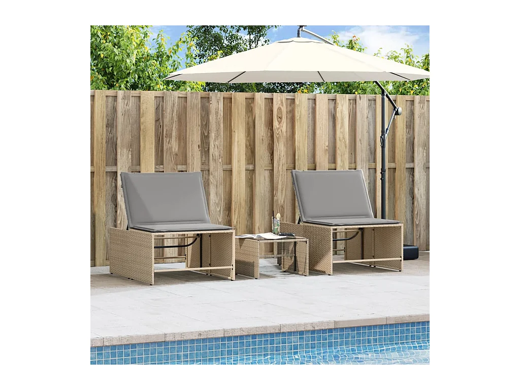 Chaises longues lot de 2 avec table beige résine tressée