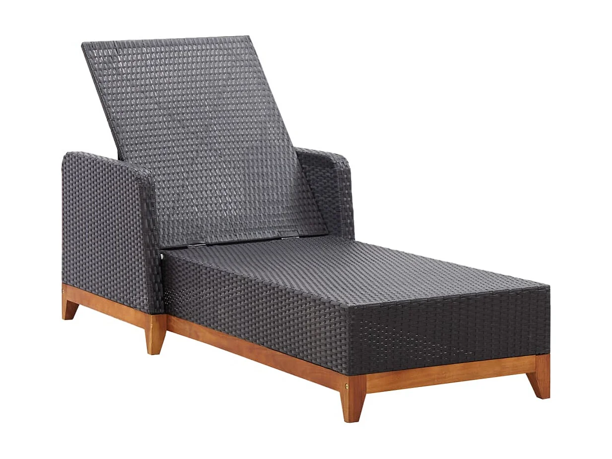 Chaise longue Résine tressée et bois d'acacia massif Noir 2