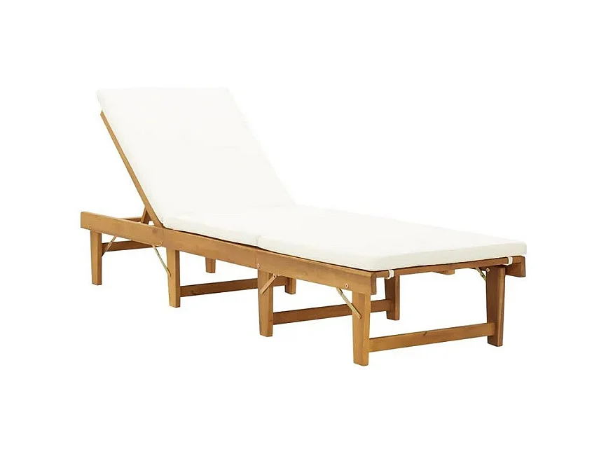 Chaise longue pliable tissu blanc et acacia massif clair Shika