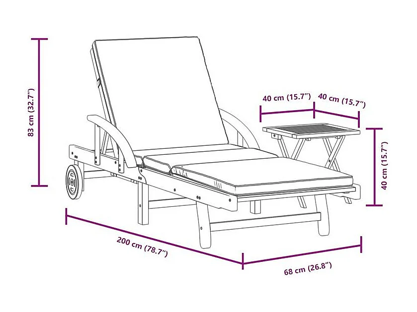 Chaise longue avec coussin et table bois d'acacia massif
