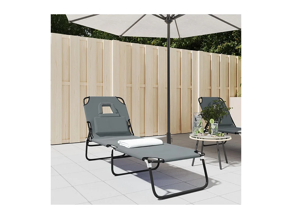 Chaise longue pliante gris tissu oxford acier enduit de poudre