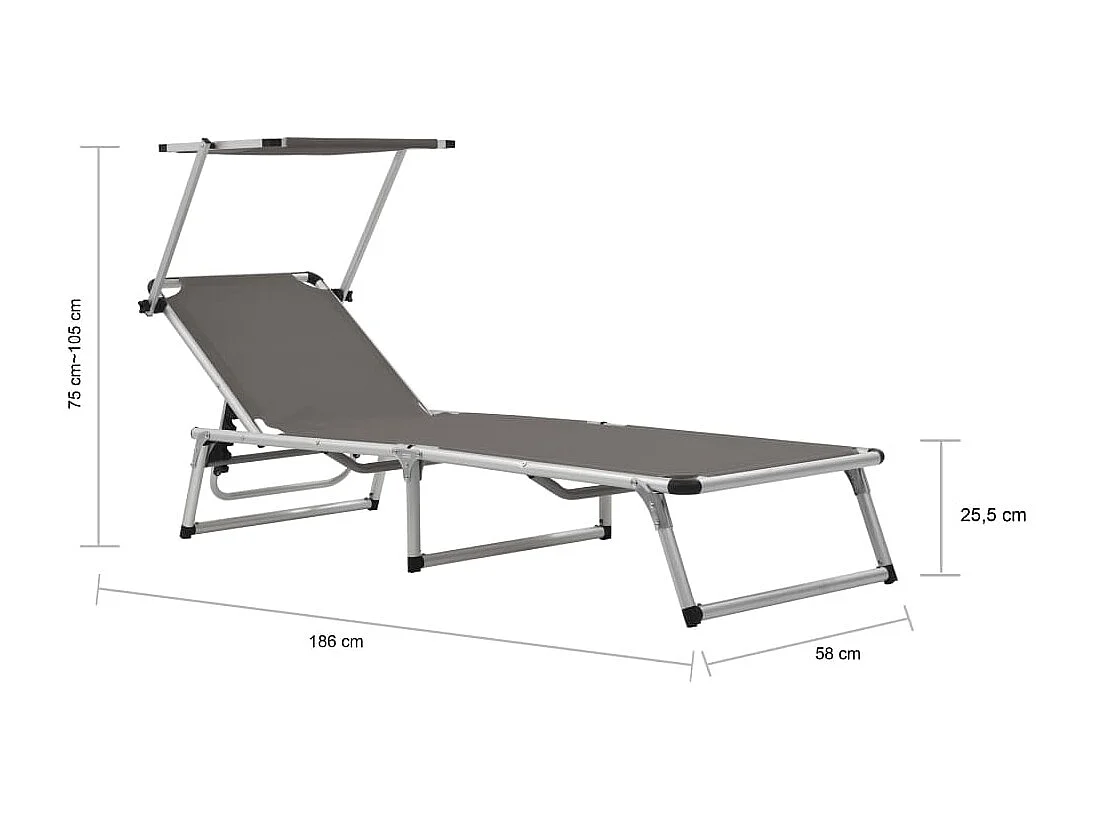 Chaise longue pliable avec auvent Aluminium et textilène Gris