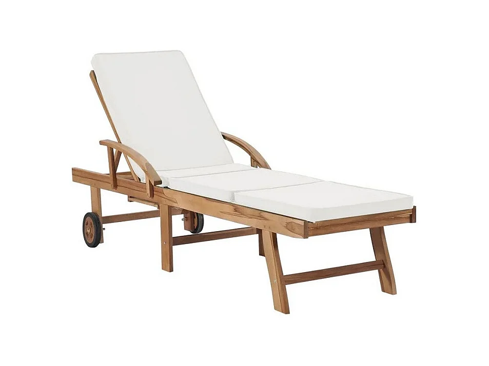 Chaise longue tissu crème et teck massif clair Evidi