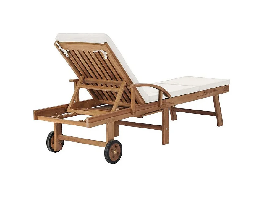 Chaise longue tissu crème et teck massif clair Evidi