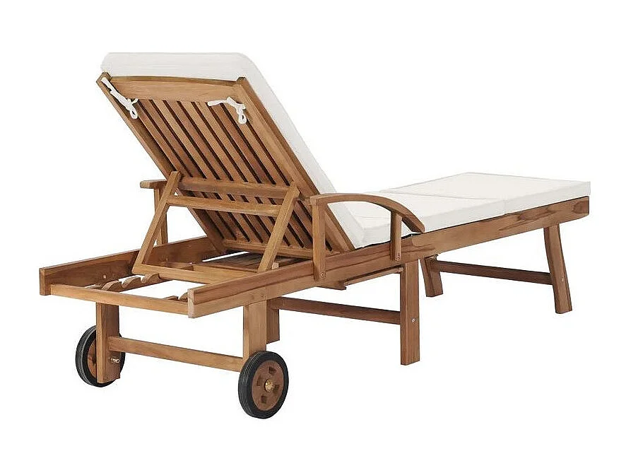 Chaise longue tissu crème et teck massif clair Evidi