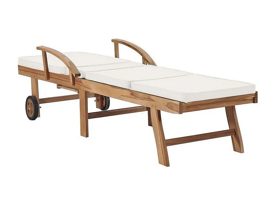 Chaise longue tissu crème et teck massif clair Evidi