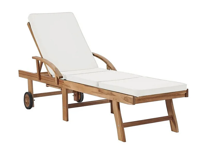 Chaise longue tissu crème et teck massif clair Evidi