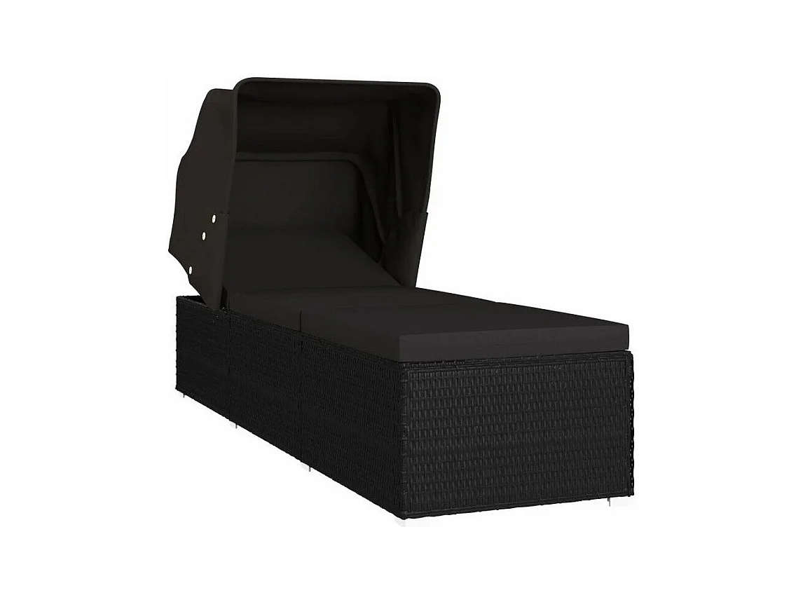 Chaise longue avec auvent tissu et résine tressée noire Nasher