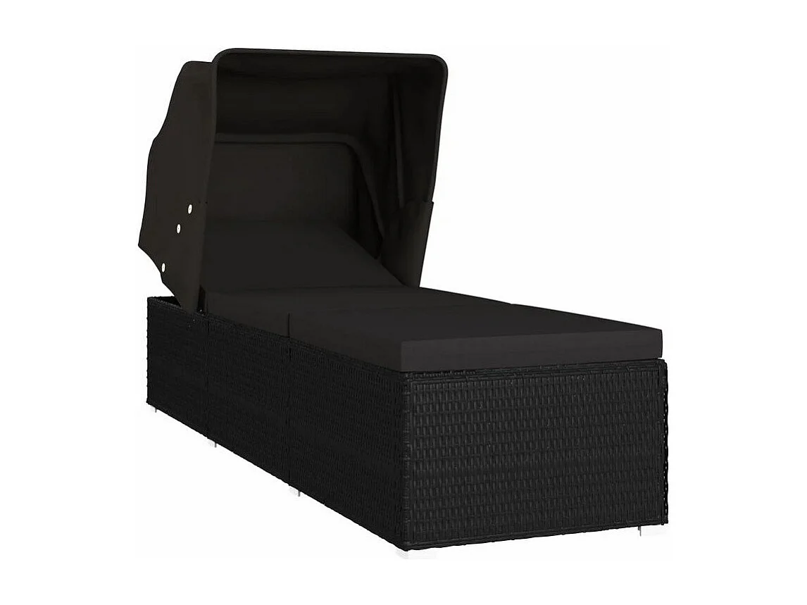 Chaise longue avec auvent tissu et résine tressée noire Nasher