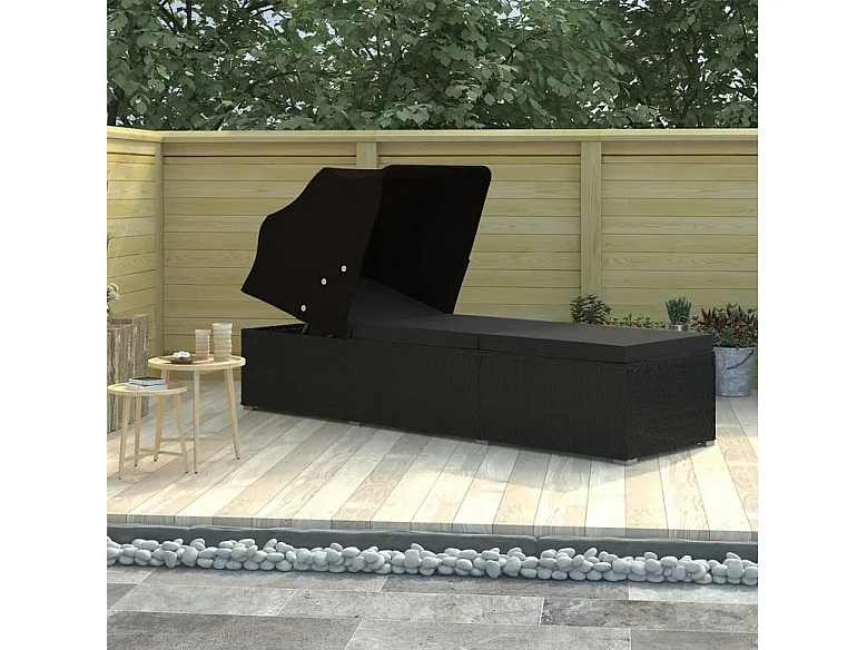 Chaise longue avec auvent tissu et résine tressée noire Nasher