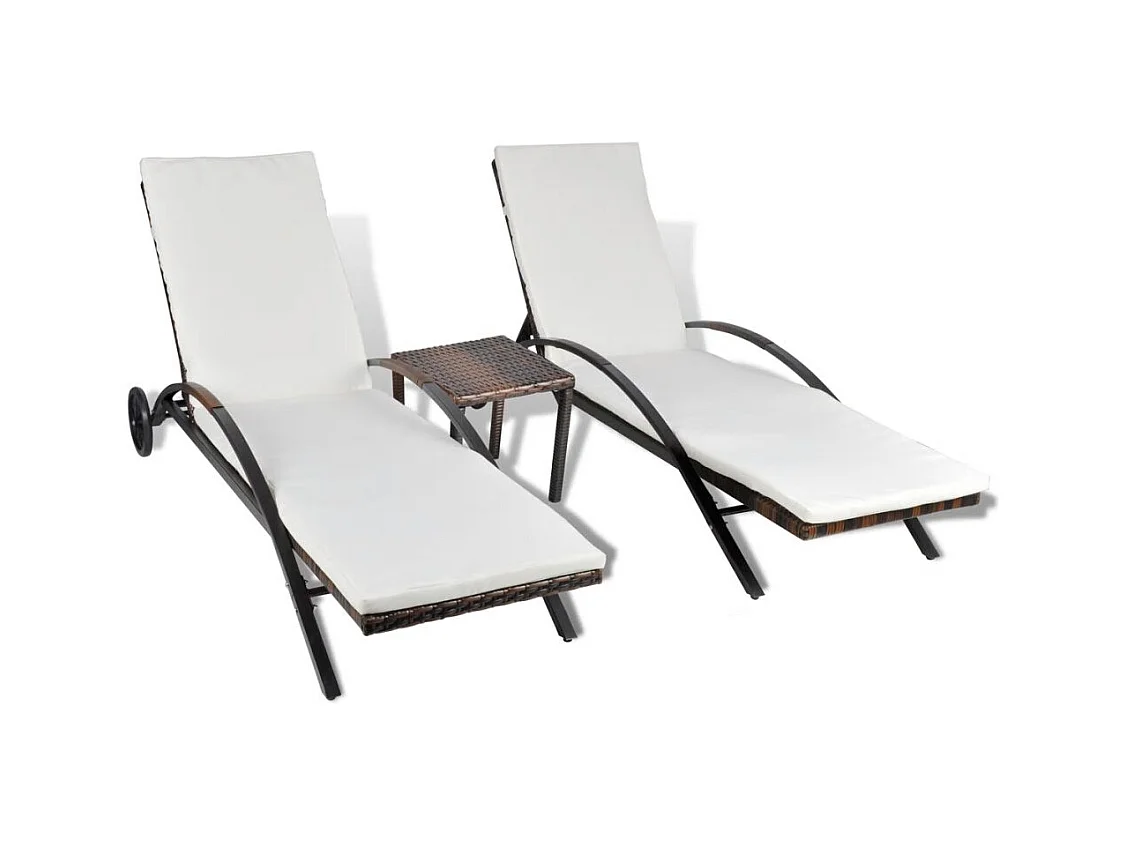 Chaises longues avec table Résine tressée Marron