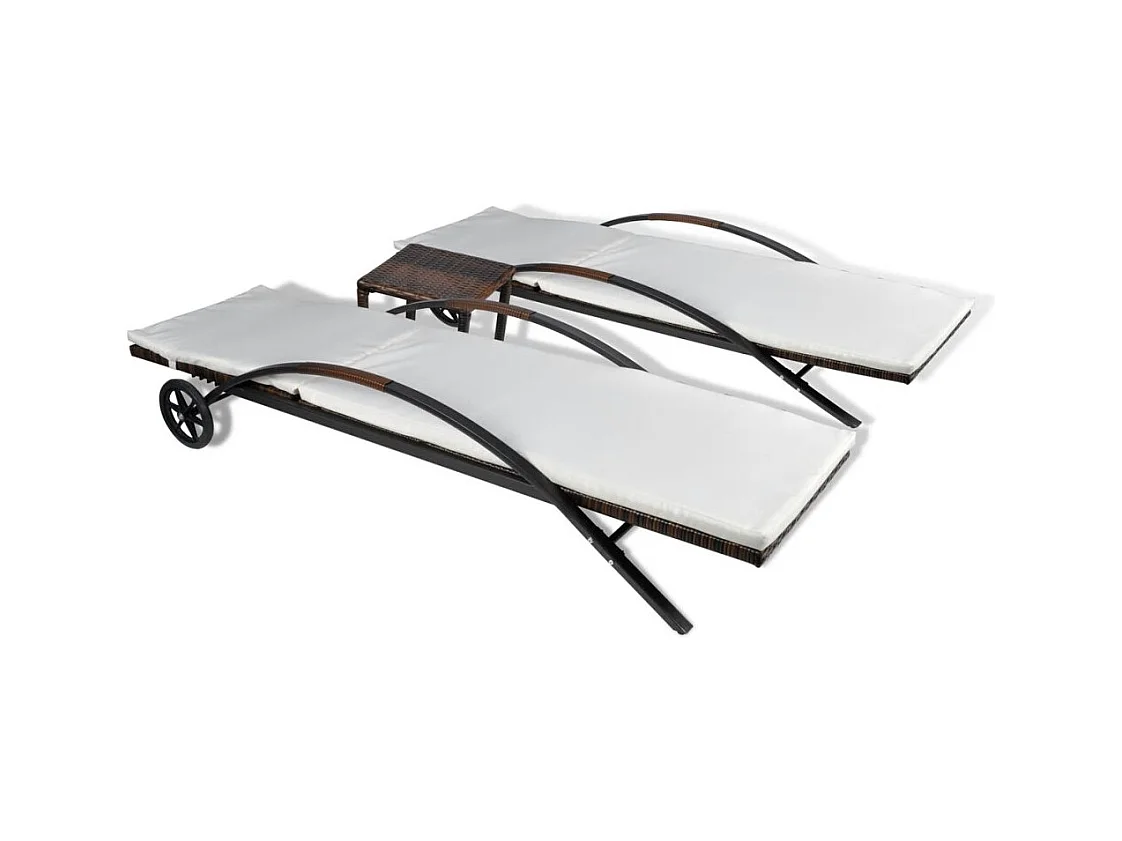 Chaises longues avec table Résine tressée Marron